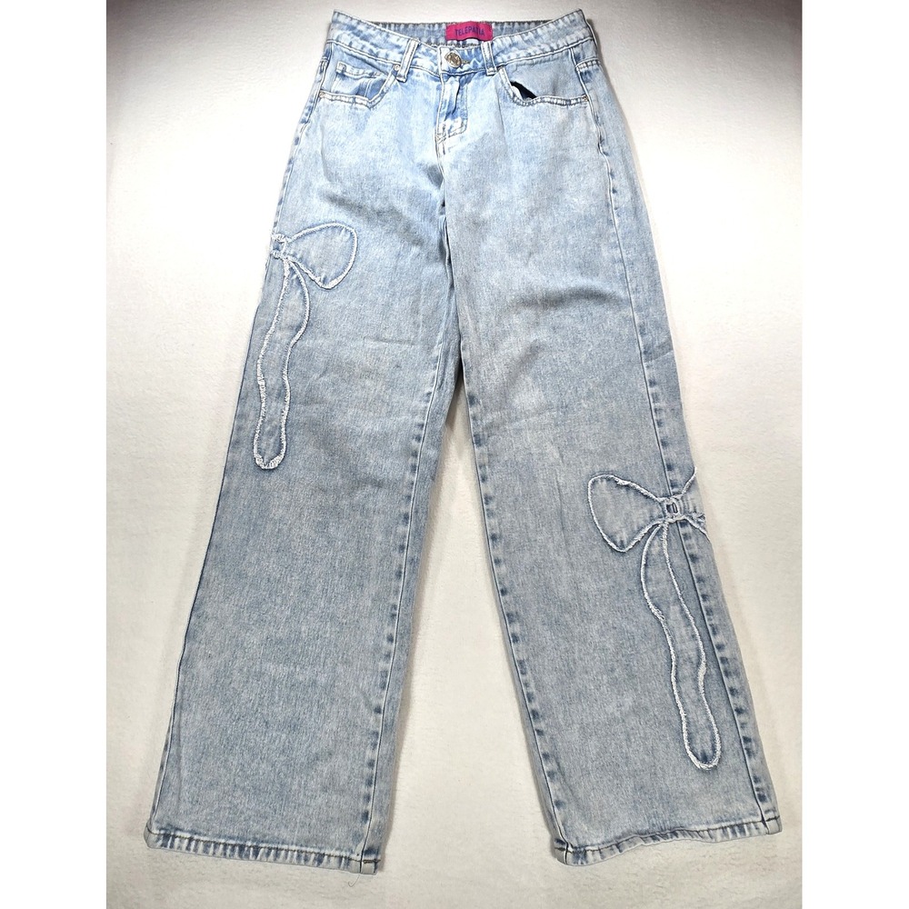 Telepatia Light Wash Bow Embroidered Wide Leg Jeans Coquette Aesthetic Blue 5/27
